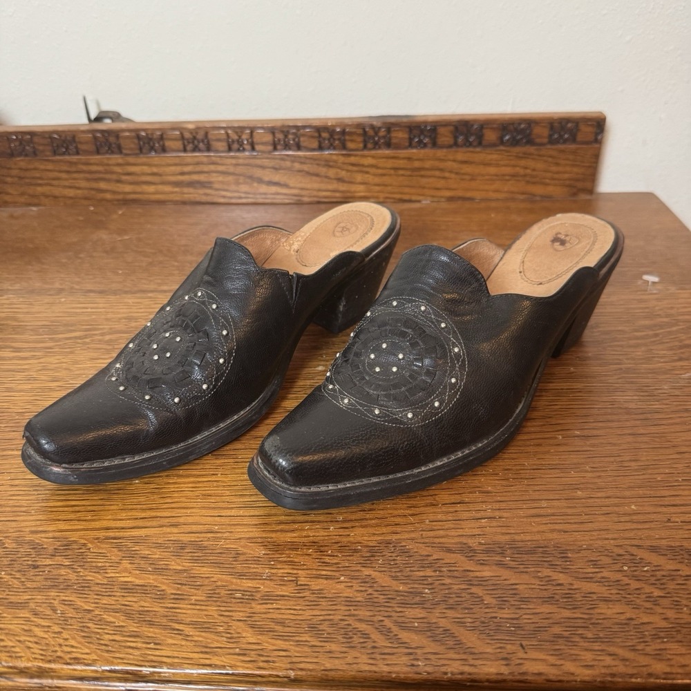 Ariat Women's 7.5B Black Leather Mules Slip On Western Clogs Studded Detail